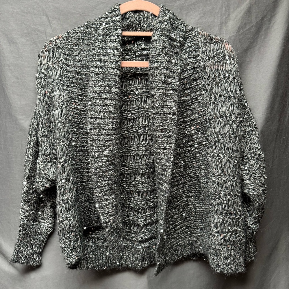 Express Mohair Wool Blend Grey Knit Sequin Cardigan